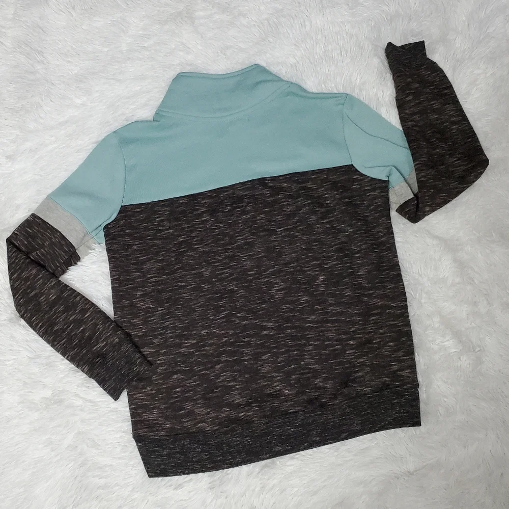 TEAL, WHITE, & BLACK & BROWN BLENDED PULLOVER "LOVE" 1/4 ZIP PULLOVER SWEATSHIRT - Picture 11 of 15